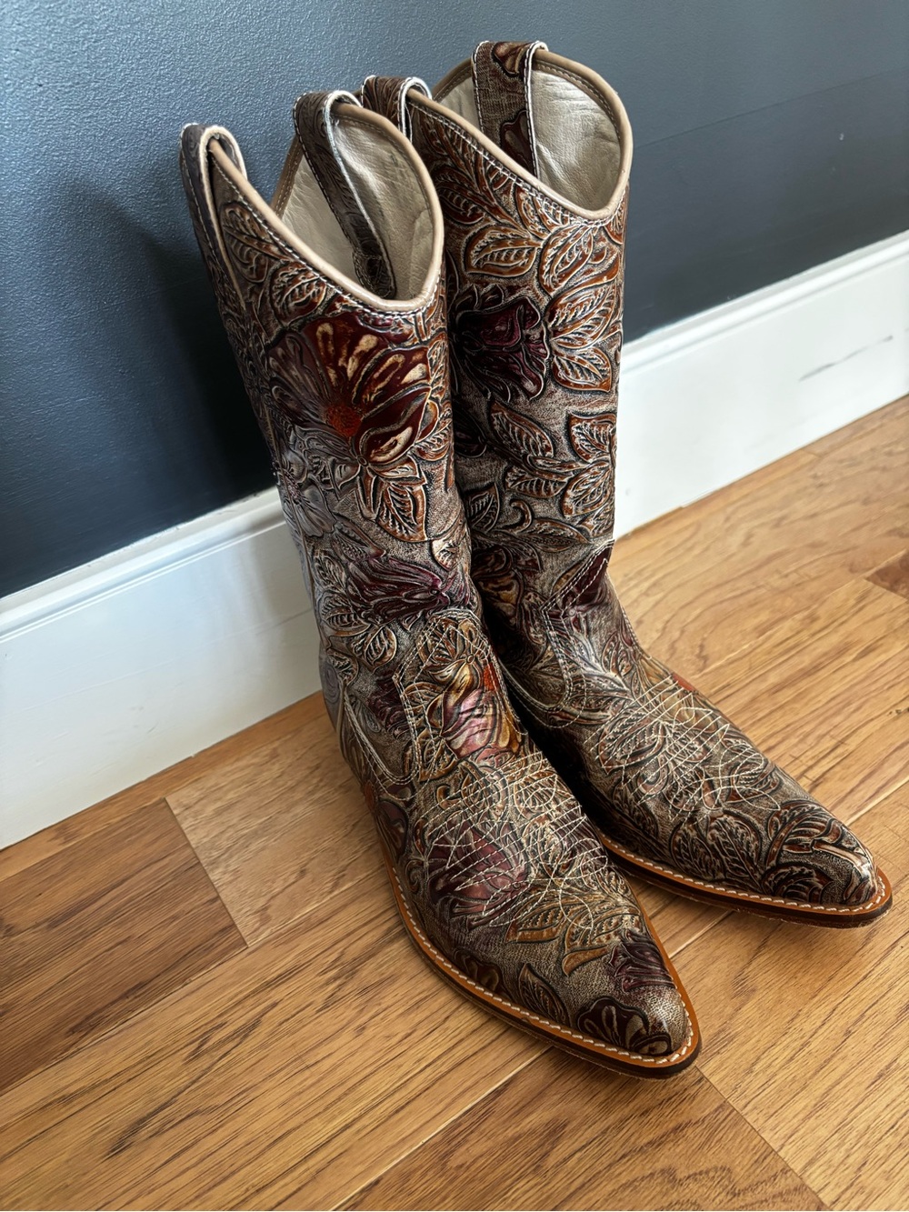 Maya Embroidered Floral Western Boots in Brown and Tan with Burgundy Accents